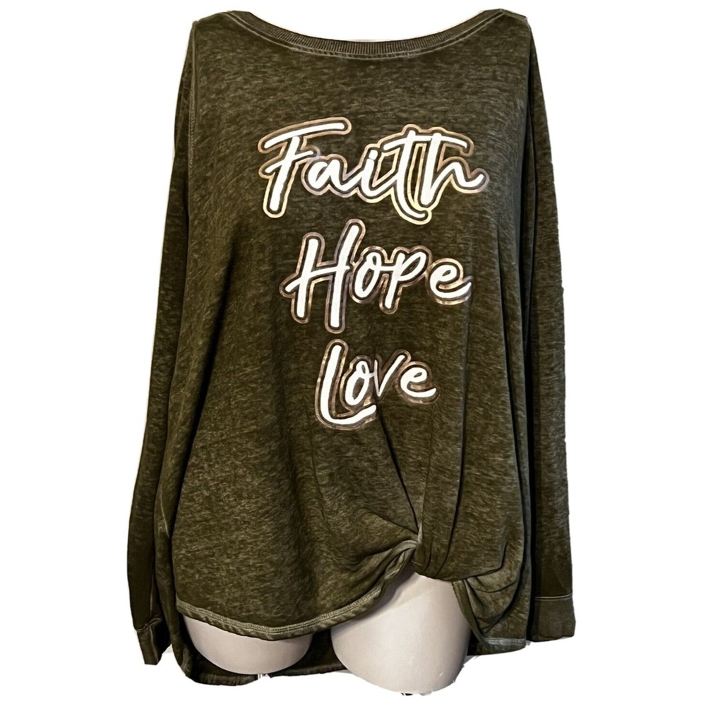 Est 1946 Fleece Sweatshirt Round Neck Green "Faith Hope Love" Waist Knot 22/24W